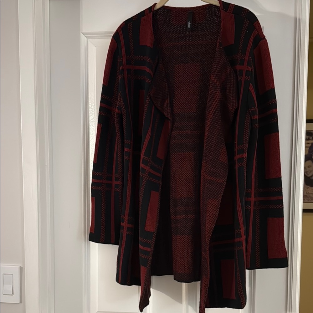 Deep Res Plaid Open Front Cardigan Sweater - Red and Black